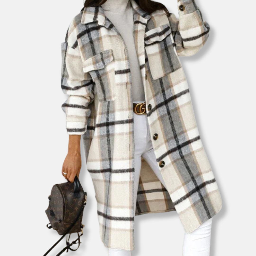 Women's shirt jacket – Oversized fit – Check pattern – Wool-look – Long sleeves with button fastening