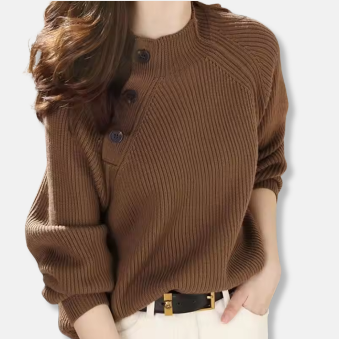 Ladies Pullover Sweater – Loose Fit – Ribbed Texture – Turtleneck – Asymmetrical Buttons