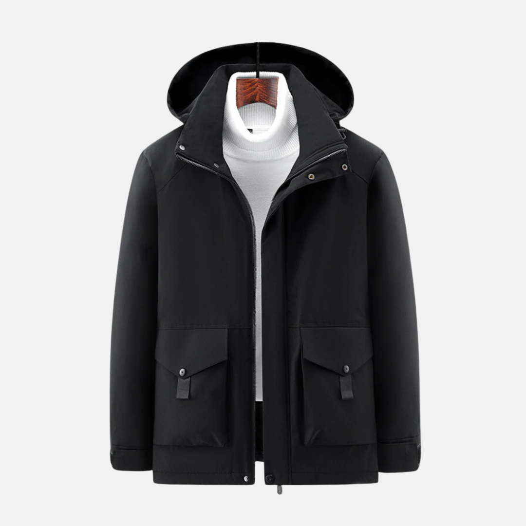 Men's Jacket with Hood – Water-repellent Lined – Mid-length – High Collar – Zipper and Snap Buttons