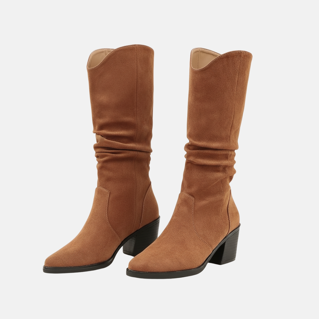 Ladies Boots - Imitation Suede - High Shaft - Block Heel - Pointed Toe