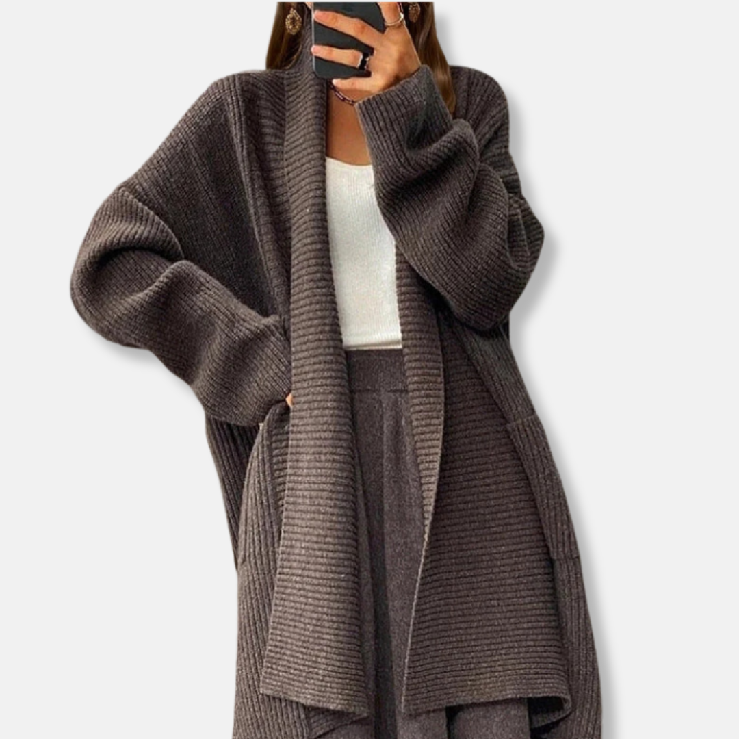 Women's Cardigan Long Model – Ribbed Texture – Oversized Fit – Open Without Closure