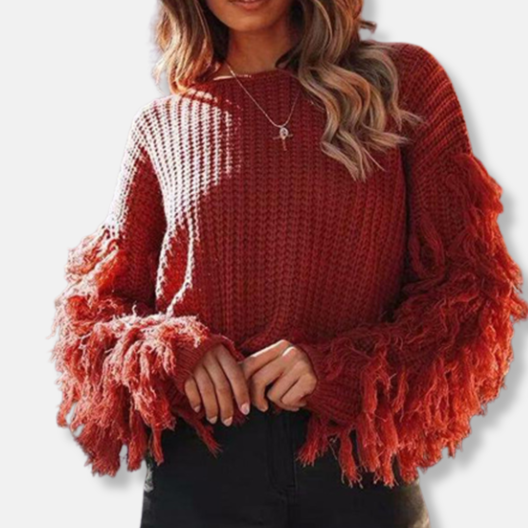 Ladies Sweatshirt – Chunky Knit – Relaxed Fit – Ribbed Texture – Fringed Sleeves