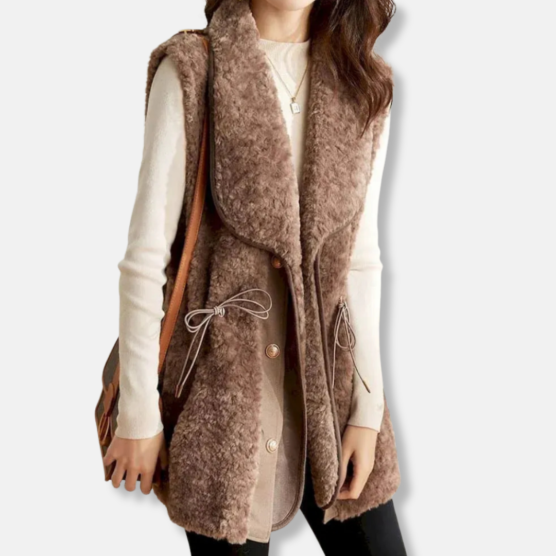 Ladies Gilet – Wool Look – Relaxed Fit – Shawl Collar – Hip Length – Drawstring Detail