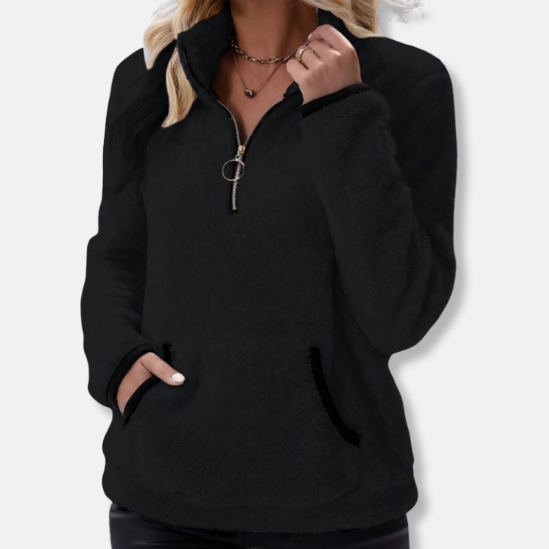Women's Sweatshirt – Fleece Fabric – Relaxed Fit – Half Zip – With Kangaroo Pocket