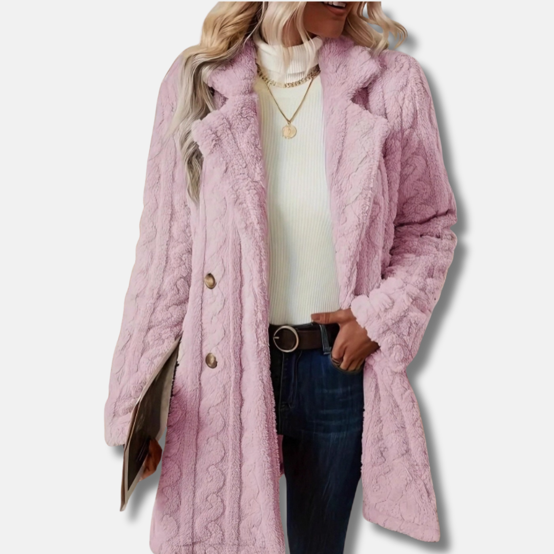 Ladies Coat – Mid-Length – Relaxed Fit – Double-Breasted – Soft Texture – Classic Lapels