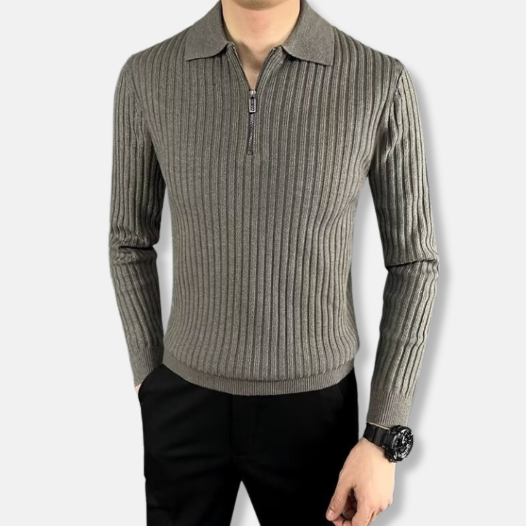 Men's Sweater – Slim Fit – Ribbed Knit – Polo Collar – Half Zip – Long Sleeve