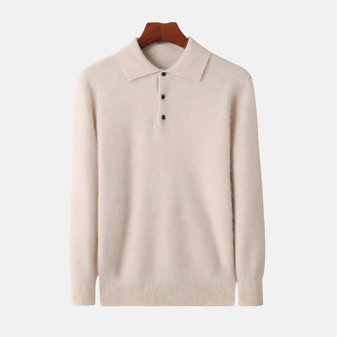 Men's Polo Sweater – Fine Knit – Relaxed Fit – Long Sleeves – Ribbed Edges