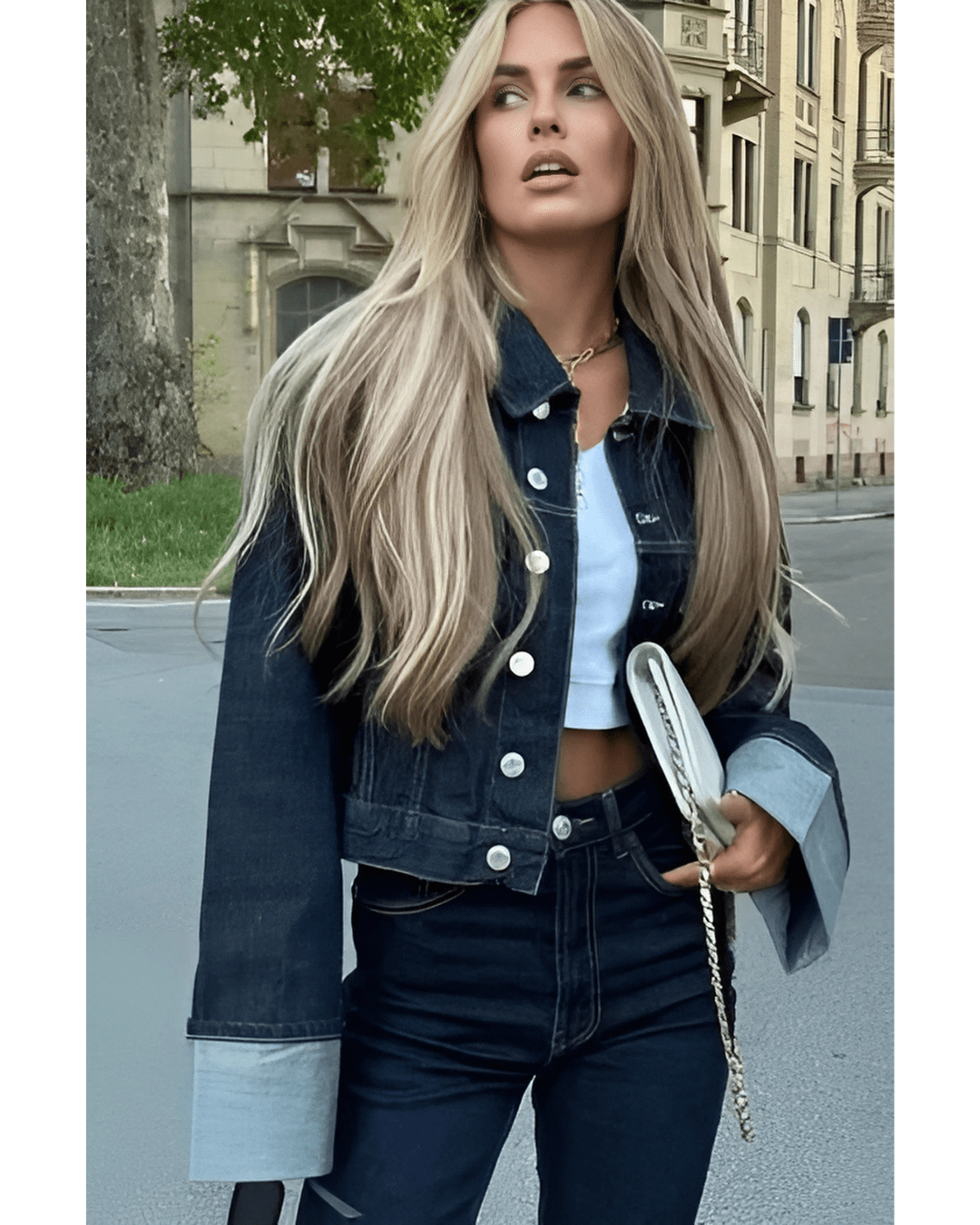 Denim Twee-Delen Ensemble met Lange Mouwen en Kraag