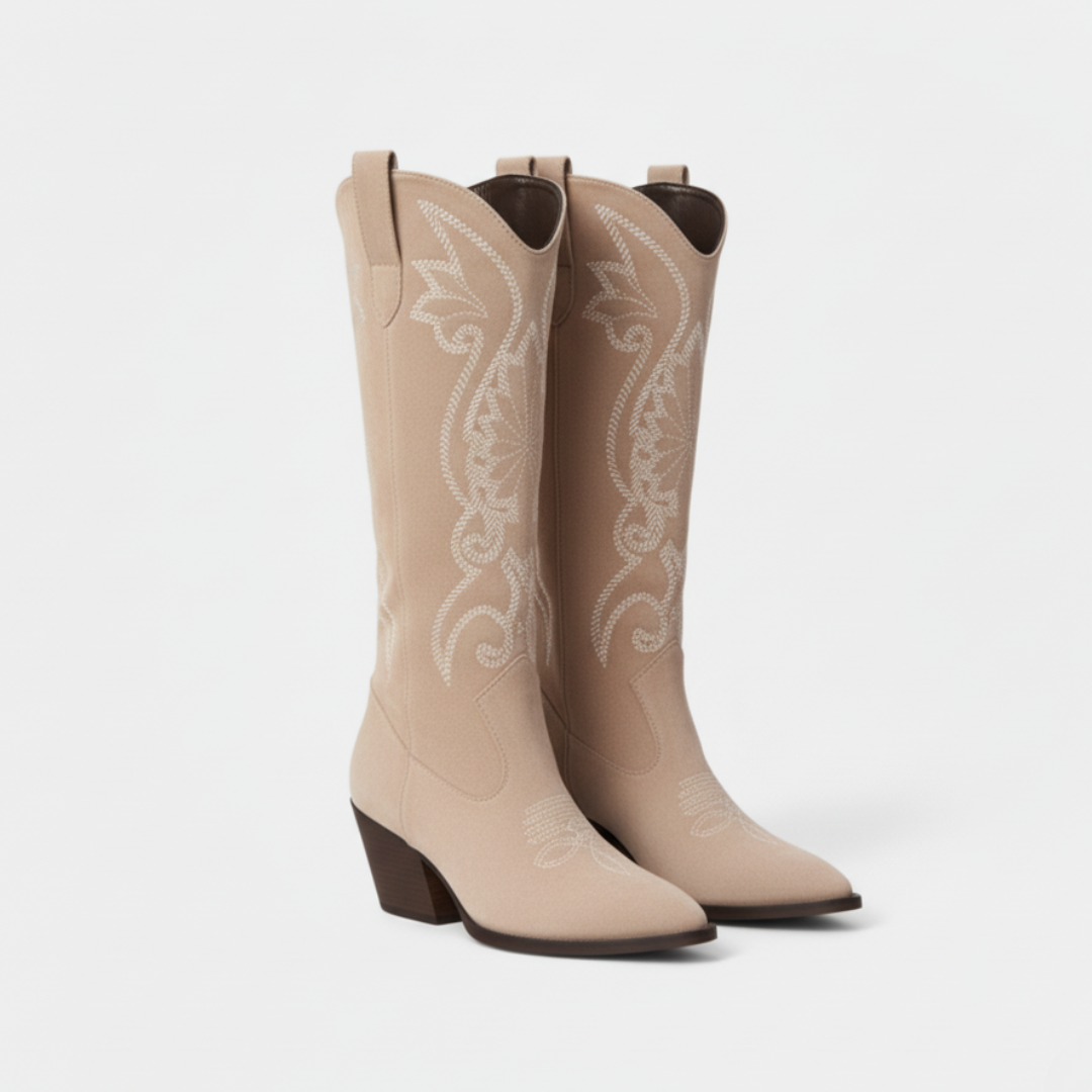 Ladies Knee-High Boots - Faux Leather - Embroidered Western Motif - Pointed Toe