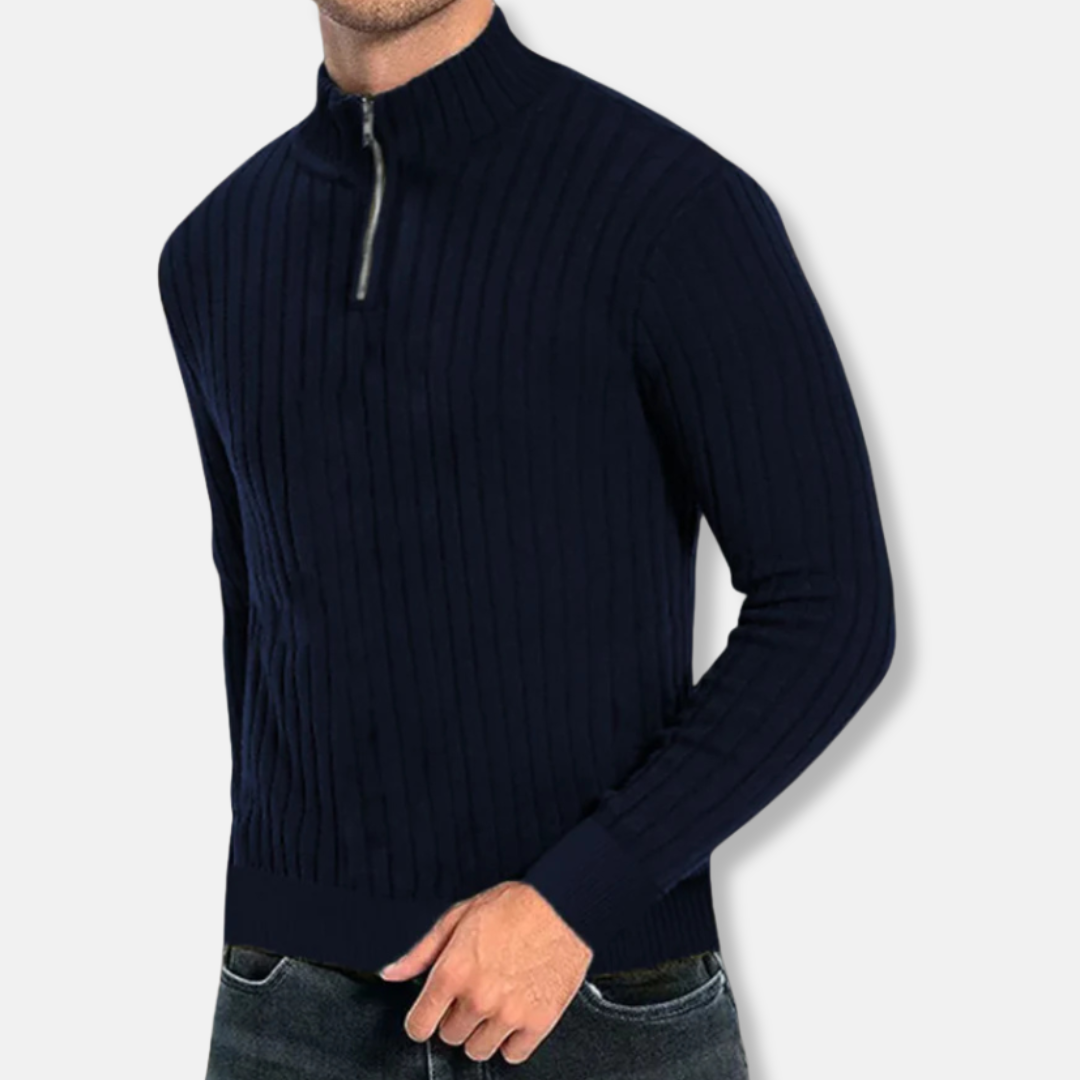 Men's Sweatshirt – Regular Fit – Ribbed Cotton – Mock Neck with Zipper – Long Sleeves