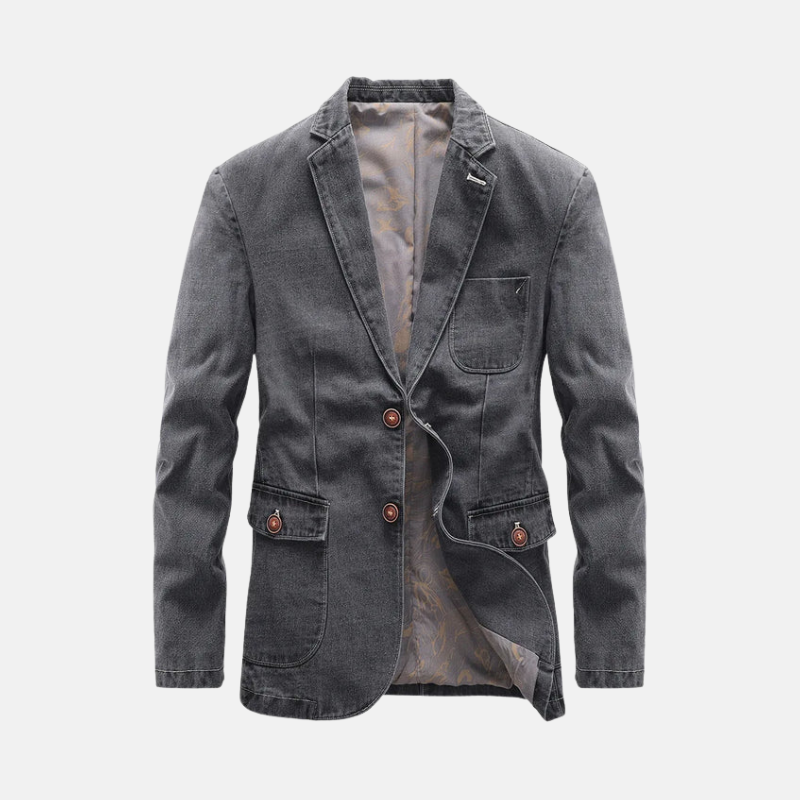 Men's Blazer – Tailored Semi-Slim Fit – Denim Look – Patch Pockets – Topstitch Details