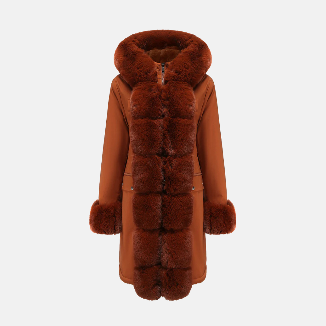 Women's Long Coat – Regular Fit – Faux Fur Collar and Cuffs – Zipper Pockets