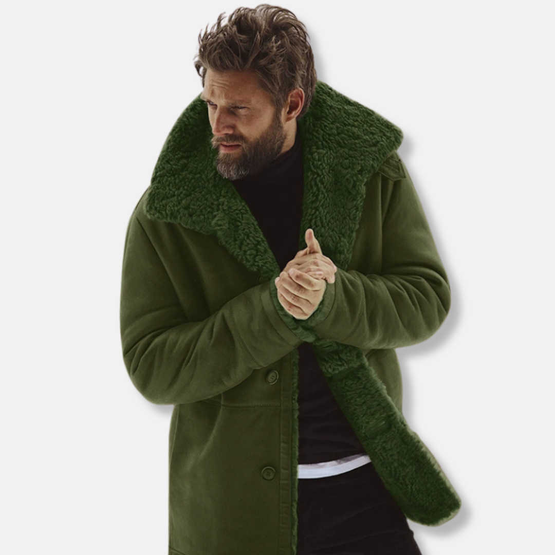 Men's Coat – Relaxed Fit – Shearling Collar and Front – Mid-Length Model