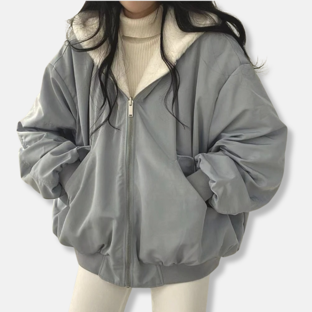 Women's Jacket – Oversized Boxy Fit – Reversible – Hood – Soft Lining – Puff Sleeves