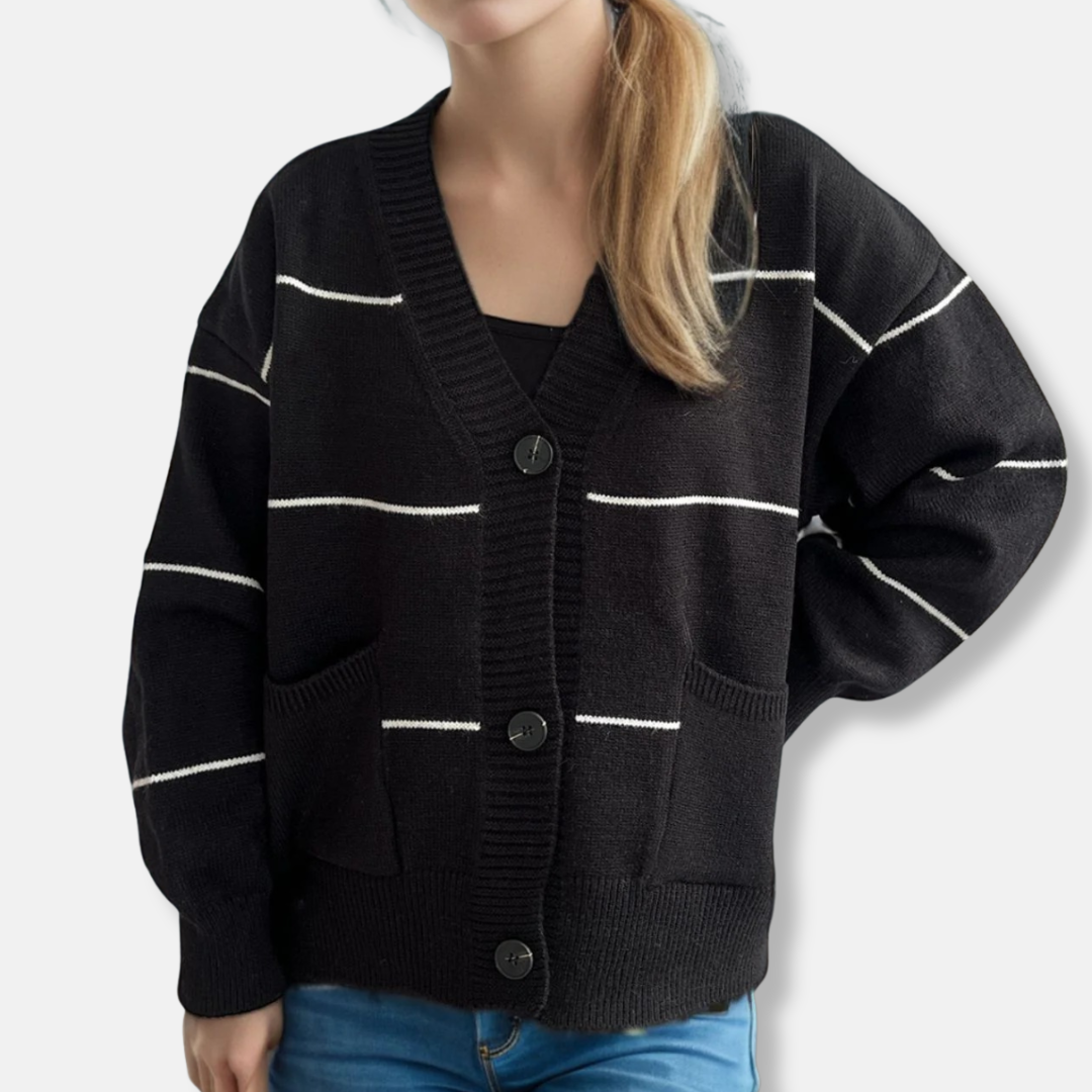 Ladies' Cardigan – Loose Fit – V-neck – Ribbed Edges – Striped Knit – Pocket Details