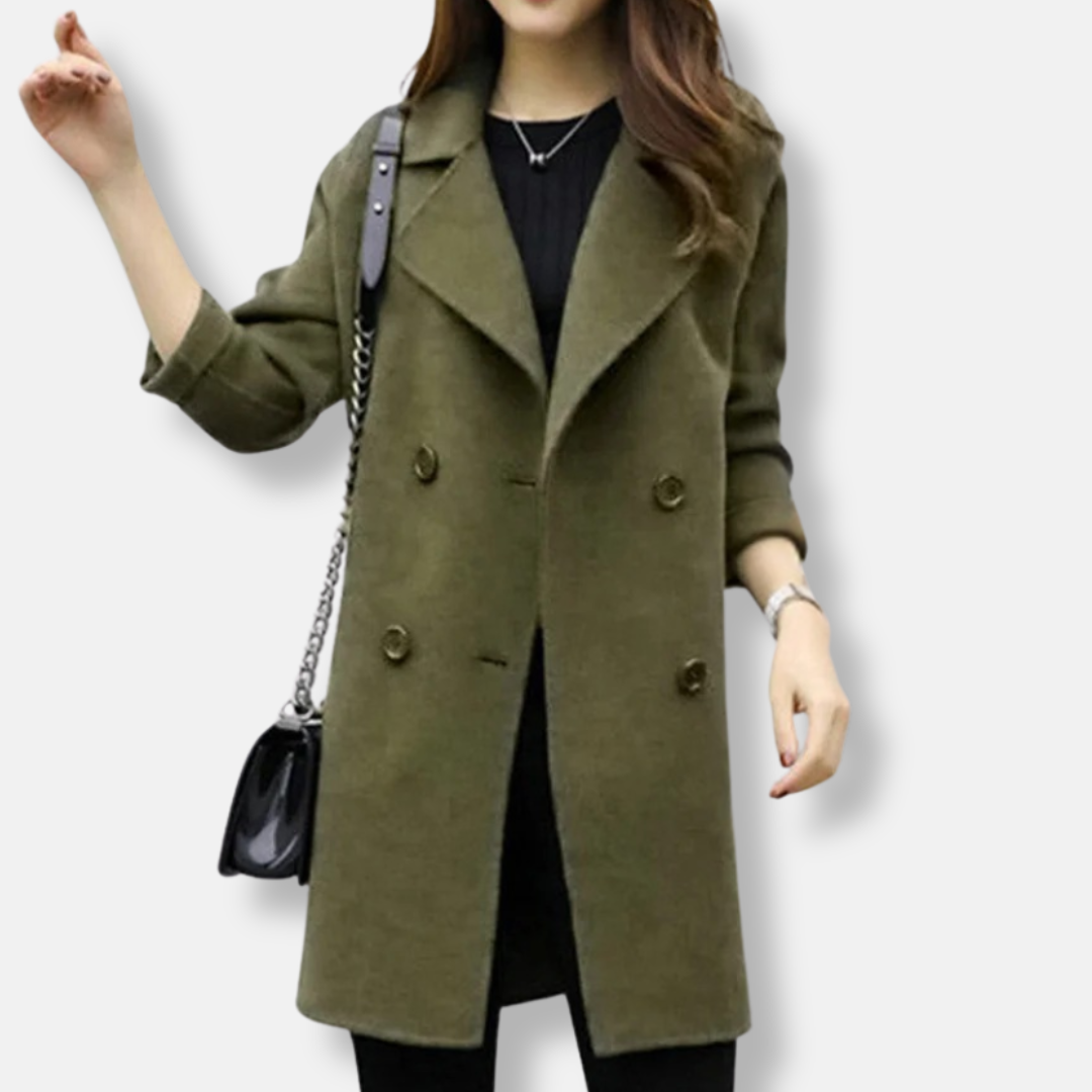 Ladies Coat - Wool Mix - Straight Fit - Lapel Collar - Mid Length - Double Breasted