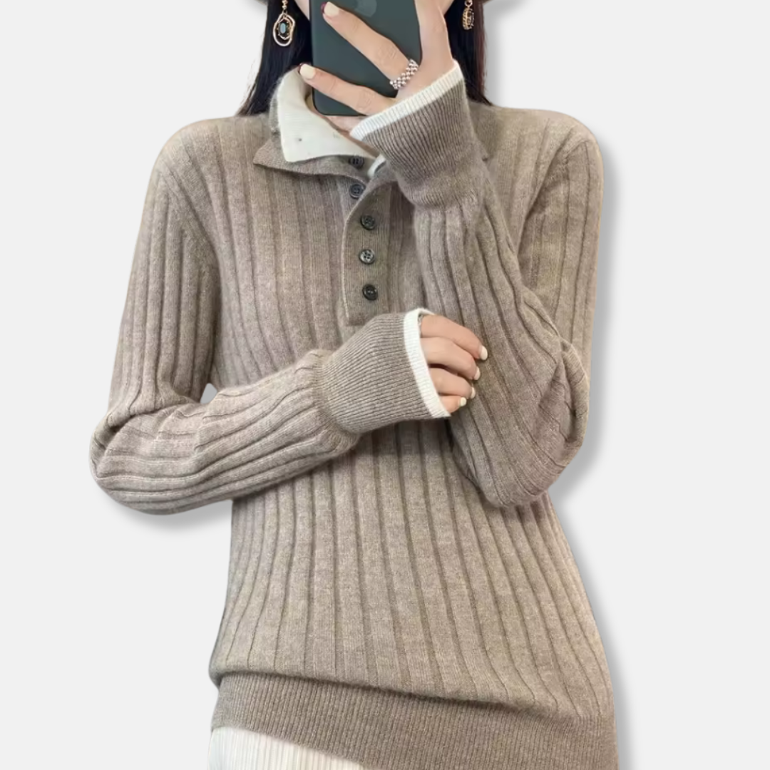 Women's sweater – Ribbed – Relaxed fit – Collar with buttons – Casual long model