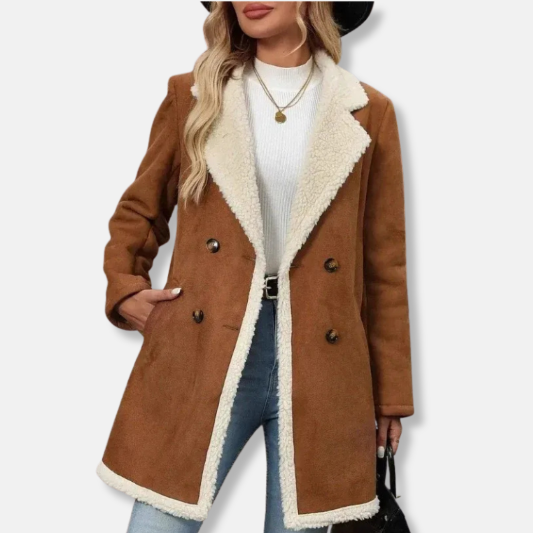 Women's mid-length coat – Relaxed fit– Double-row buttons – Wool blend – Plush lining