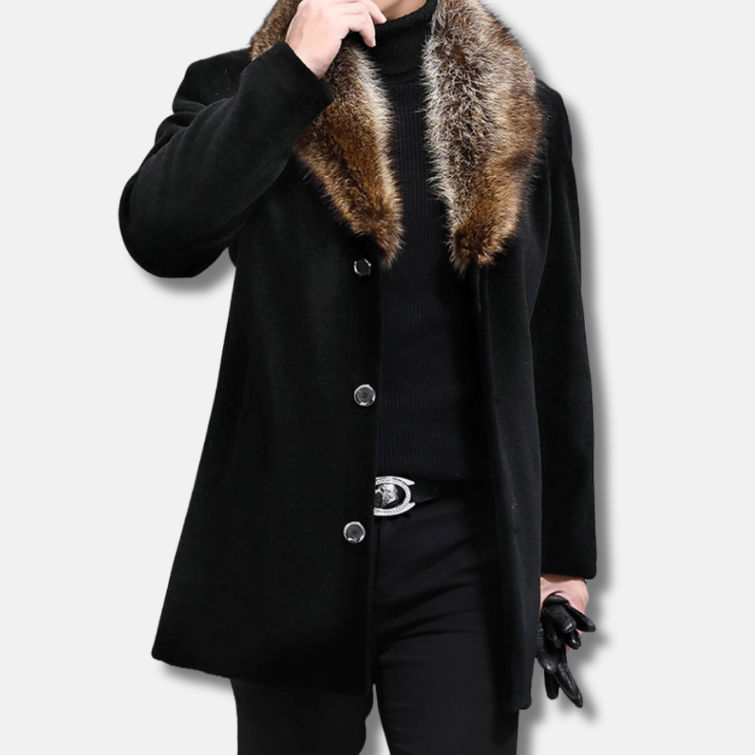 Men's Coat – Wool Material – Tailored Fit – Shaggy V-Fur Collar – Buttons