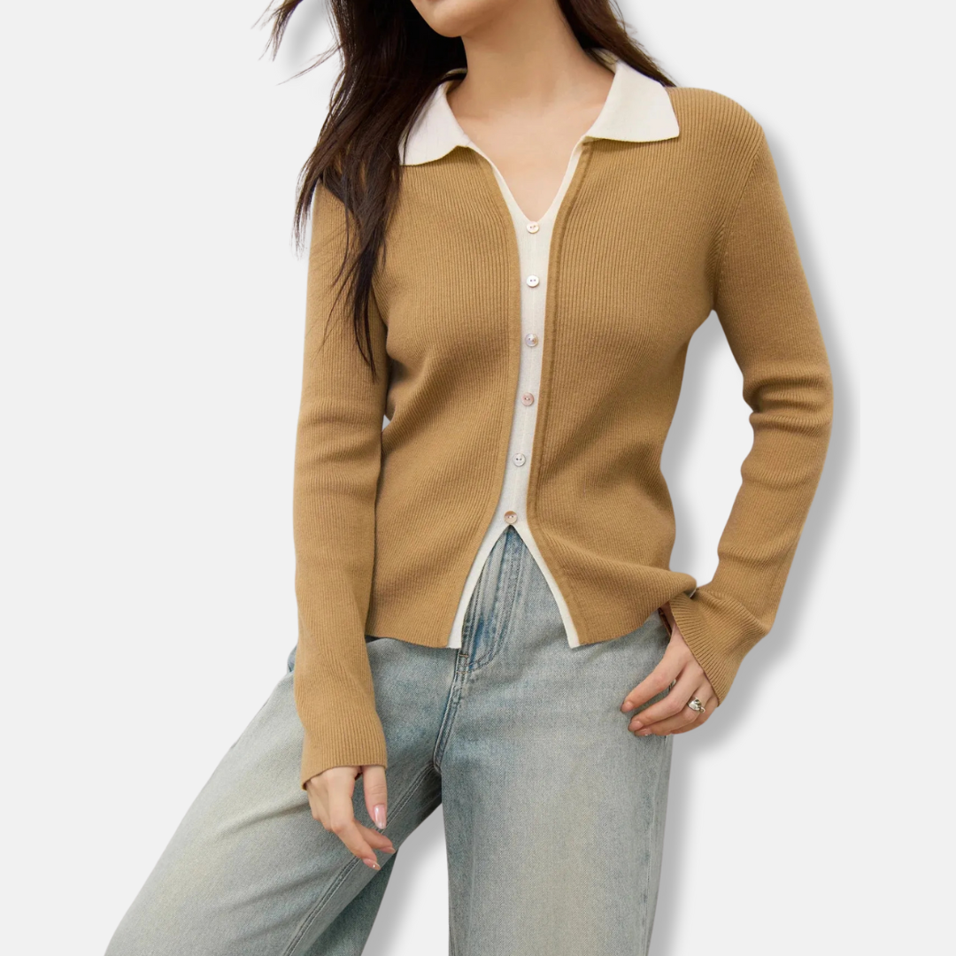 Ladies Knitted Top – Slim Fit – Ribbed Texture – 2-in-1 Design – Button Closure