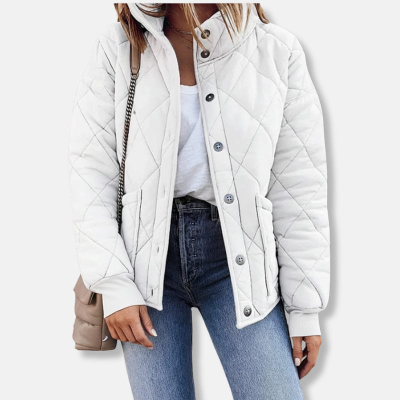 Women's Quilted Jacket – Relaxed Fit – Diamond Stitching – Stand-up Collar – Buttons