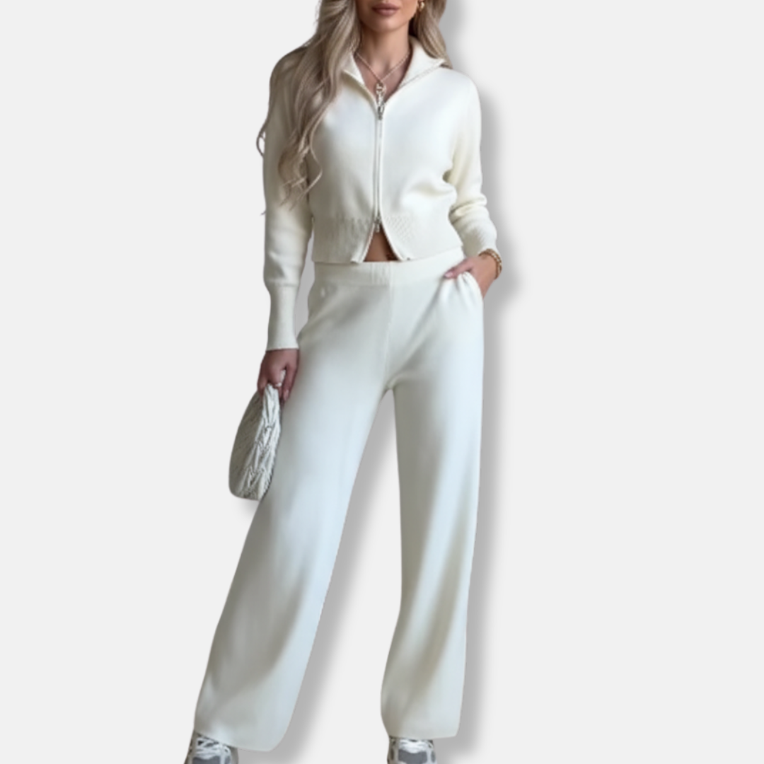 Ladies Two-Piece Set – Knitted – Cropped Zip-Top – High Waist Wide Leg Pants
