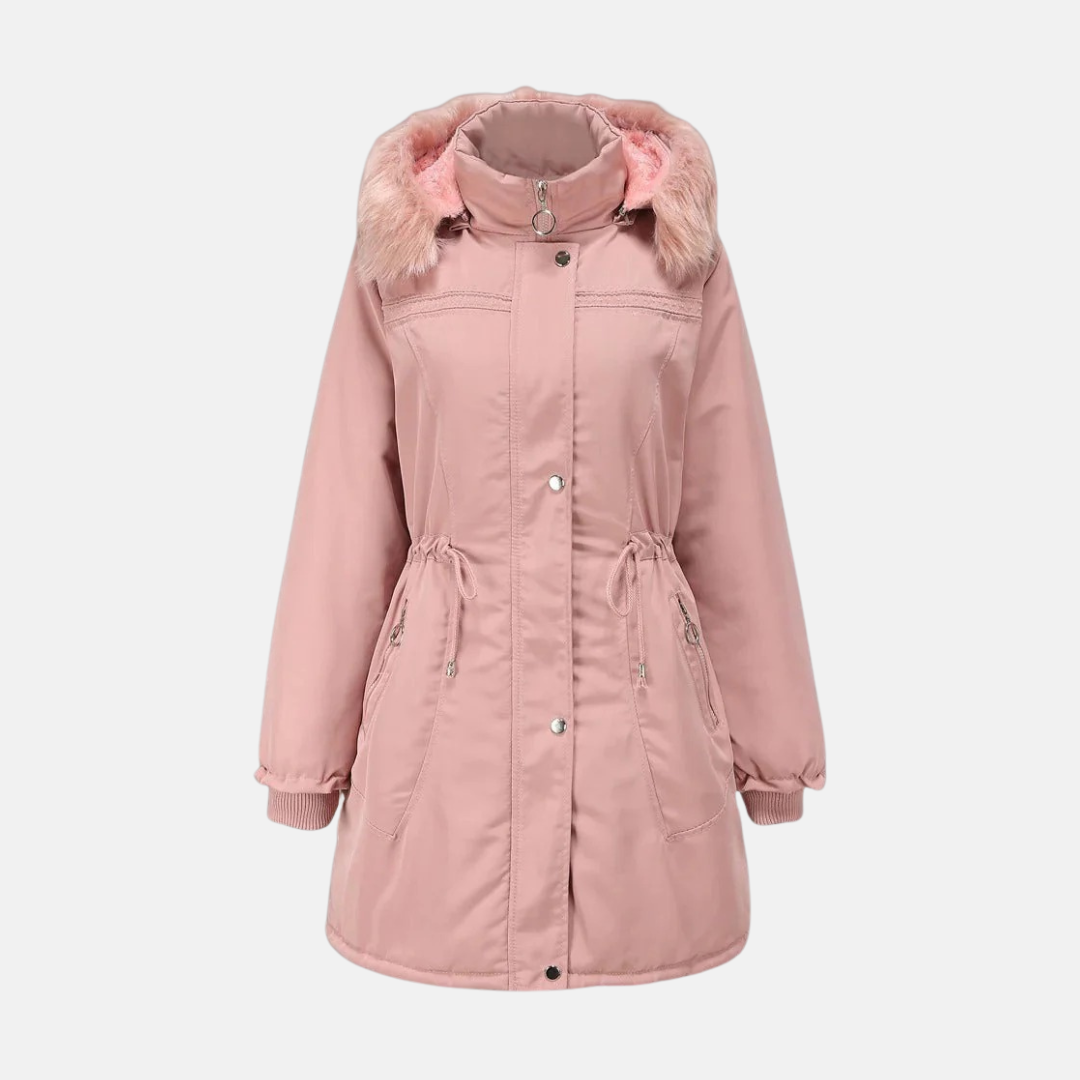 Women's Parka Jacket – Lined – Mid-Length – Drawstring Waist – Hood with Faux Fur – Ribbed Cuffs