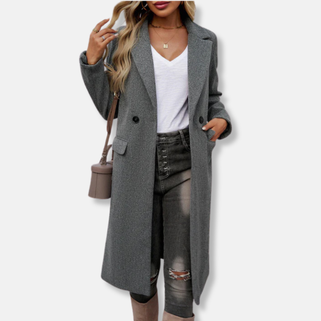 Women's Long Coat – Wool Mix – Relaxed Fit – Double-Breasted – Notch Lapel – Flap Pockets