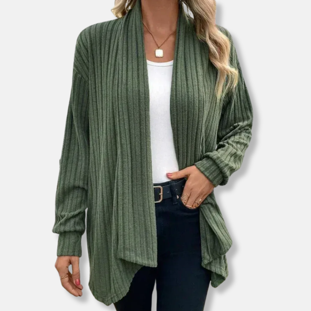 Women's Cardigan – Relaxed Fit – Ribbed – Open Waterfall Front – Asymmetrical Hem