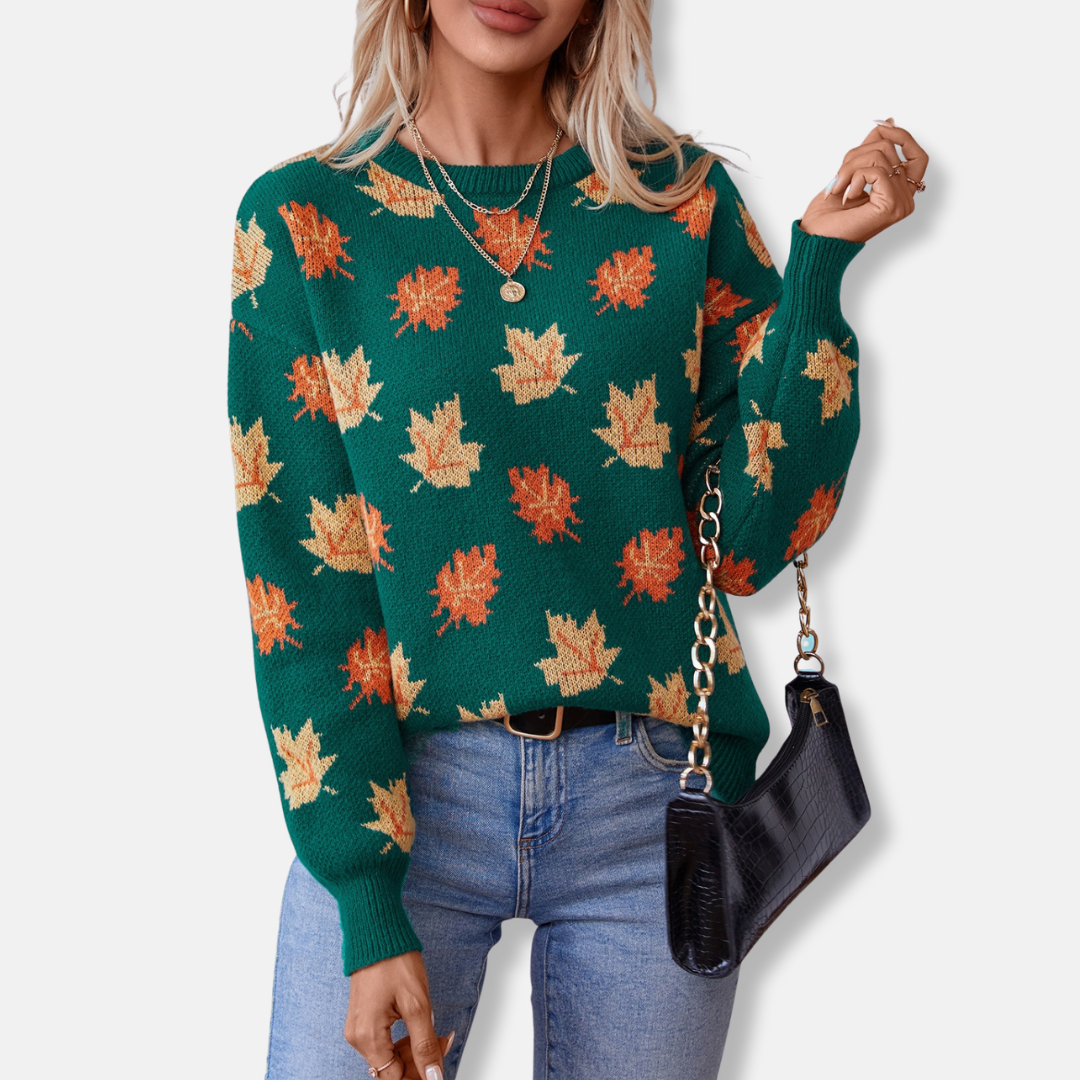 Ladies Sweater – Relaxed fit – Jacquard with leaves – Ribbed neck and cuffs