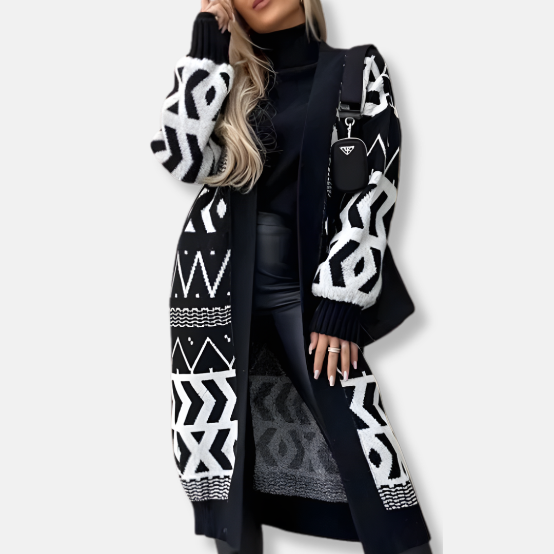 Ladies Long Cardigan – Loose-Fitting – Wool-Mix Knit – Geometric Pattern – Open Front