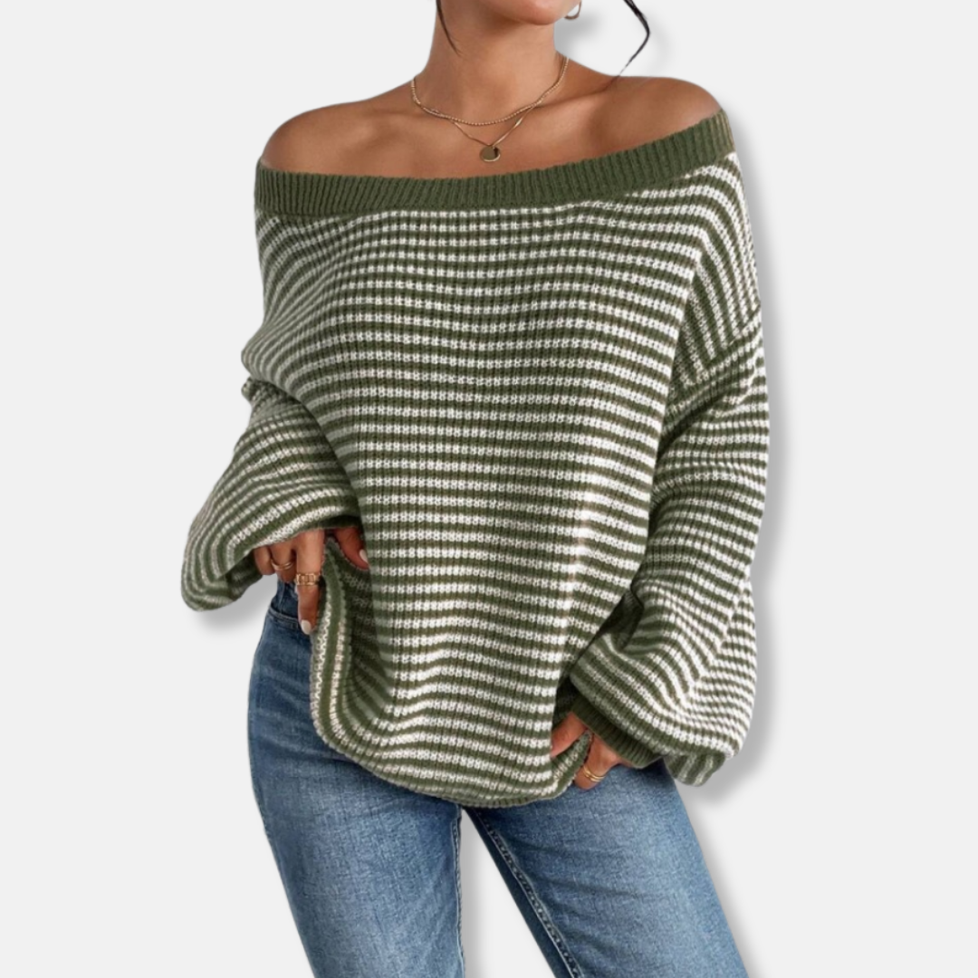 Women's Knitted Sweater – Loose Fit – Boat Neck – Lantern Sleeves – Striped Texture Design