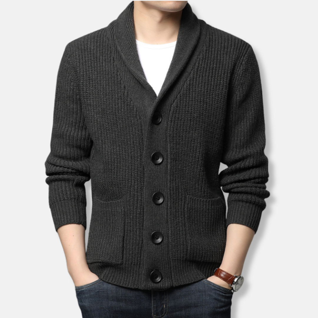 Men's Cardigan – Relaxed Fit – Wool Knit – Shawl Collar – Button Closure – Pocket Details