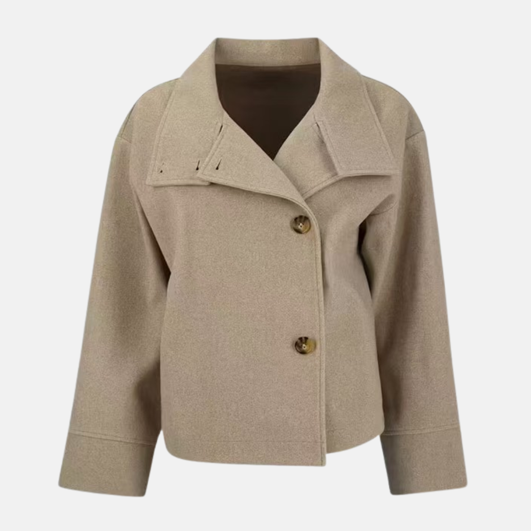 Ladies Coat – Oversized Fit – Woolly – Long Sleeves – Stand-up Collar – Asymmetrical Closure