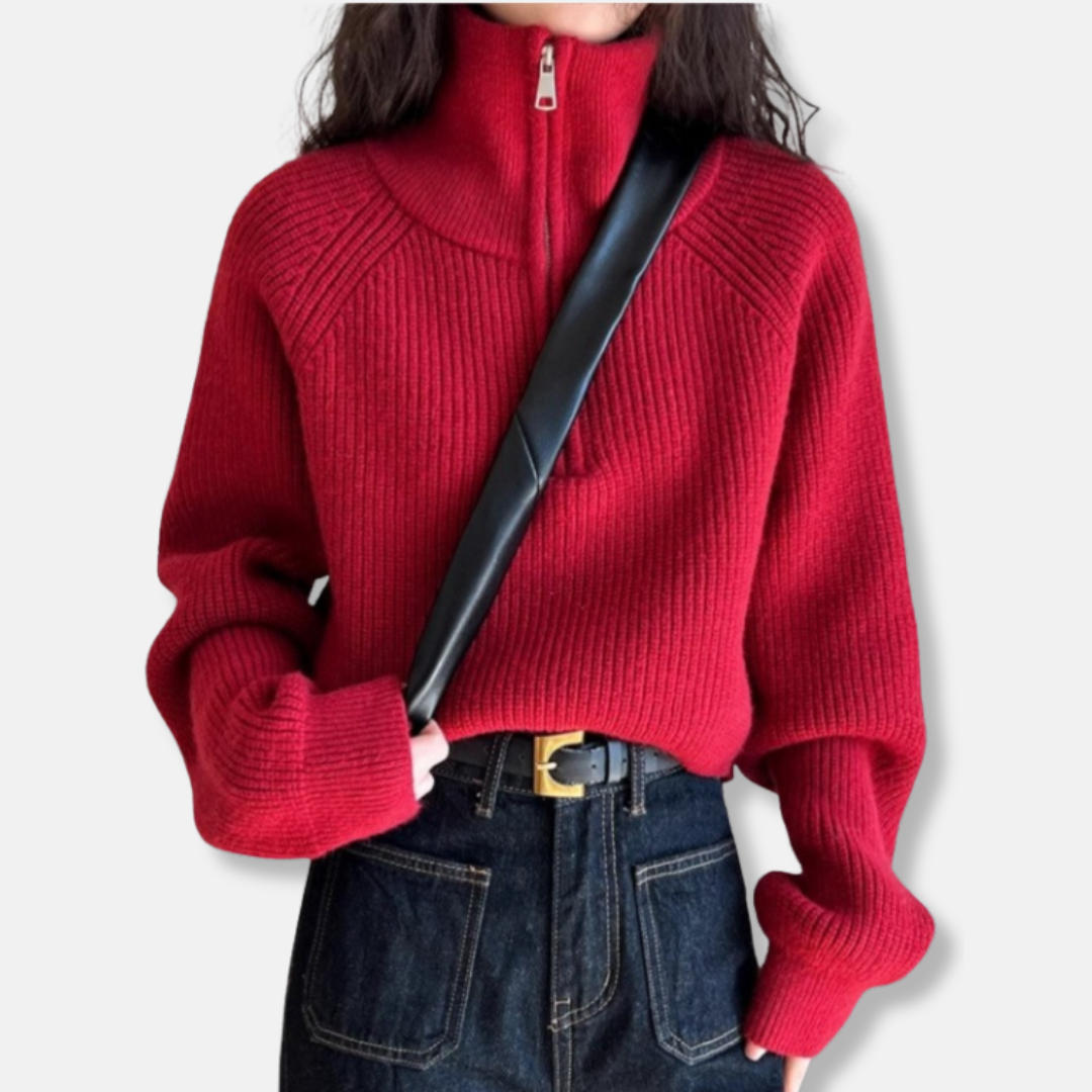 Ladies Pullover Sweater - Ribbed Knit - Cropped - Roll Neck - Long Sleeves