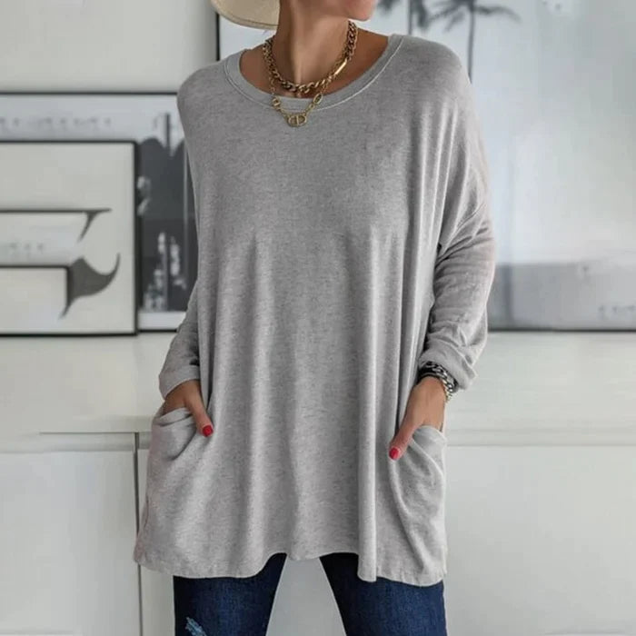Women's Tunic Top – Loose Fit – Soft Knit Fabric – Long Sleeve – With Pockets