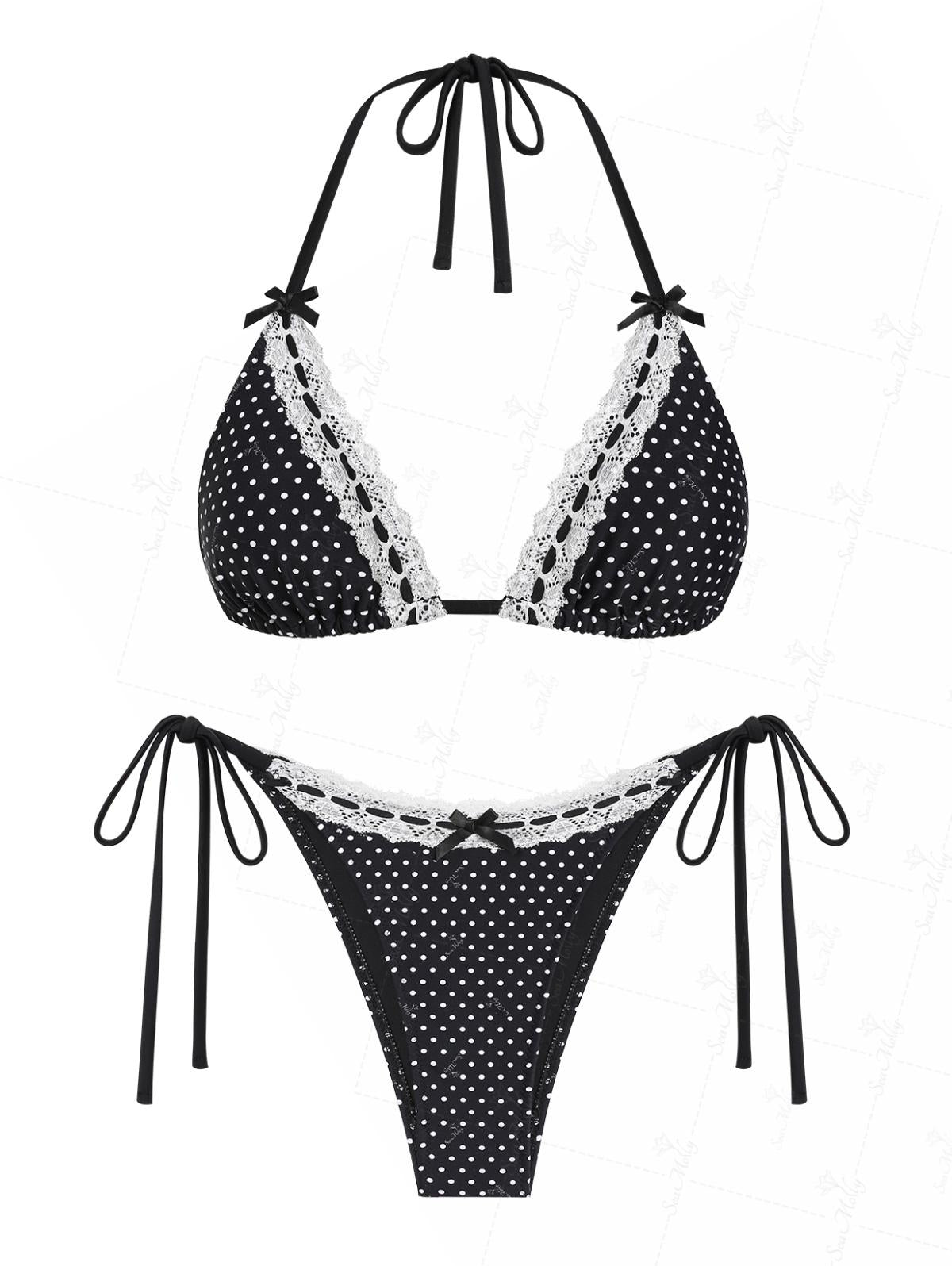Polka Dot Triangle Bikini met strik en kanten rand voor dames