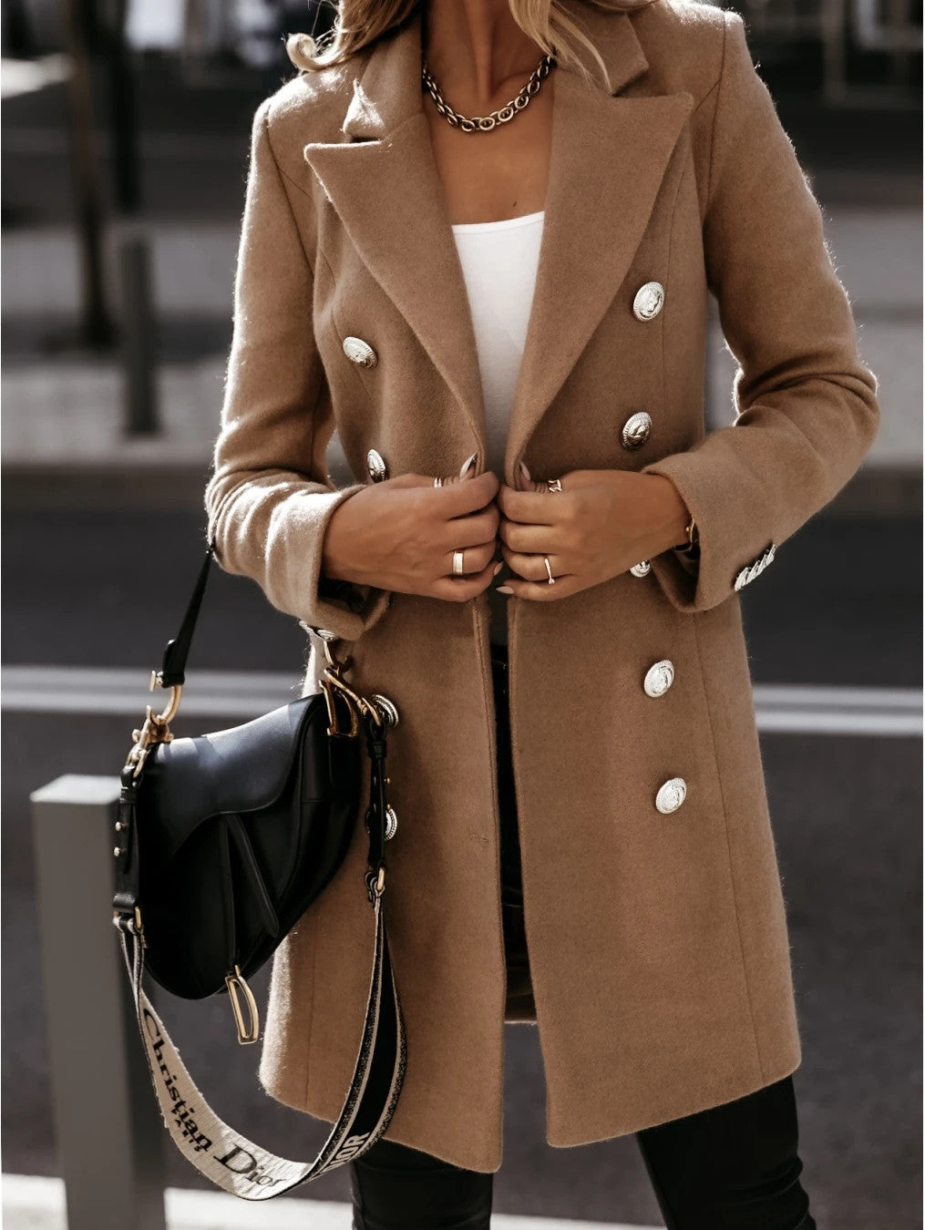 Dames Blazer Jas – Getailleerde Pasvorm – Wol Look – Dubbelrijs – Kraag Met Revers