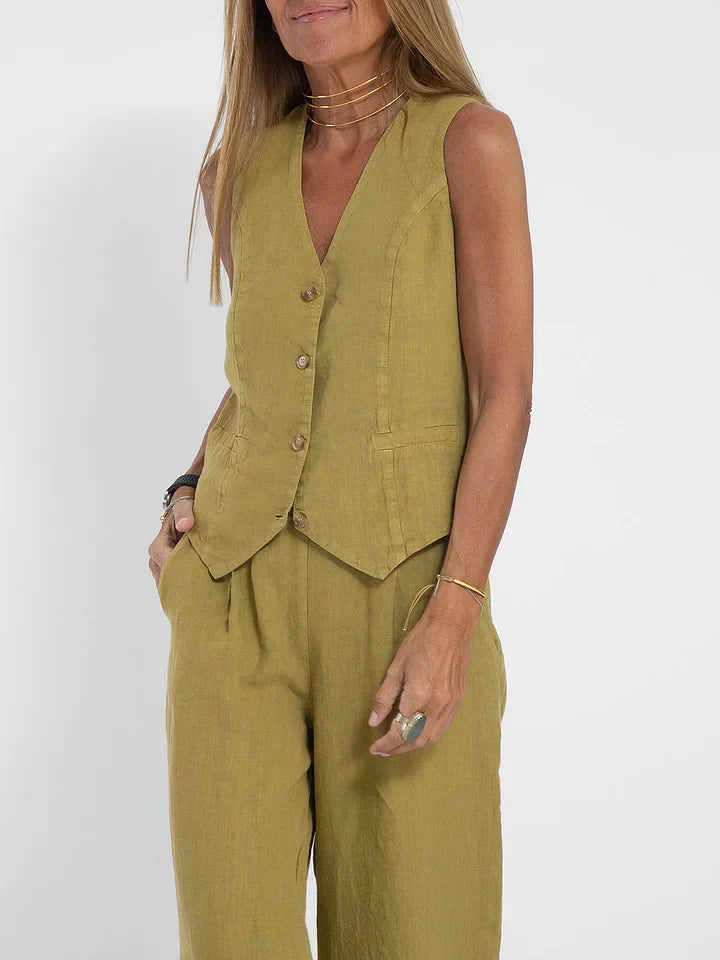 Elegante Linnen Set voor Dames – Gilet en Pantalon