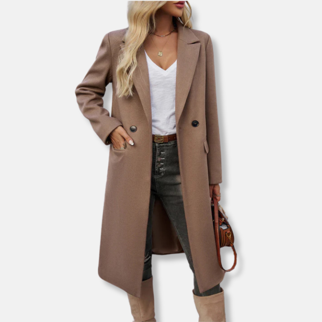 Women's Long Coat – Wool Mix – Relaxed Fit – Double-Breasted – Notch Lapel – Flap Pockets