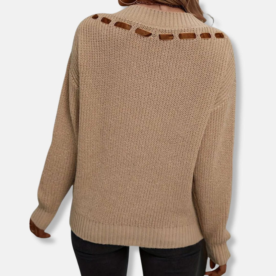 Women's Sweatshirt – V-neck with Ribbon Detail – Loose Fit – Long Sleeves – Cotton Blend