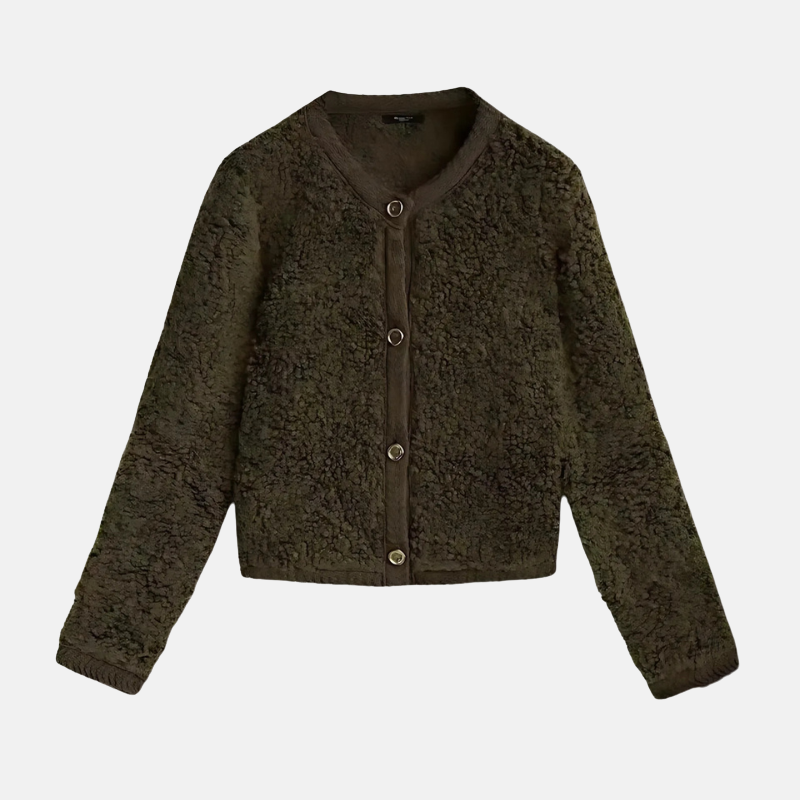 Ladies cardigan – Cropped model – Loose fit – Shaggy knit – Long sleeve – Button closure