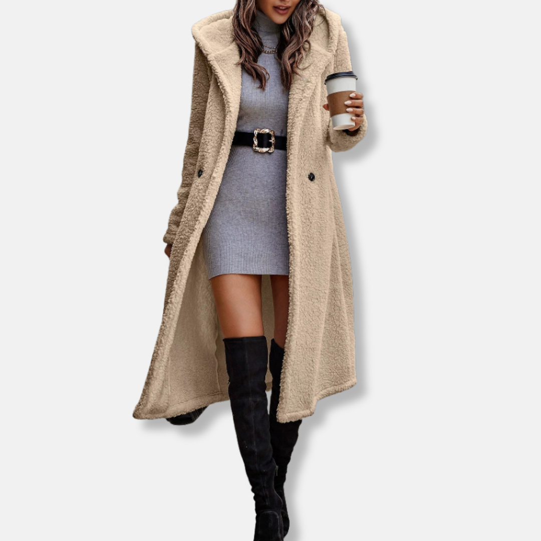Women's Long Coat – Relaxed Fit – Soft Texture – Hood – Notched Collar – 2-Button Closure