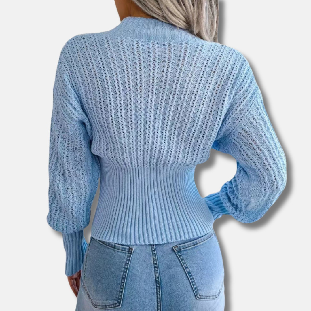 Women's Knit Top – Slim Fit – Deep V-Neck – Ribbed Edges – Open-Knit Sleeves