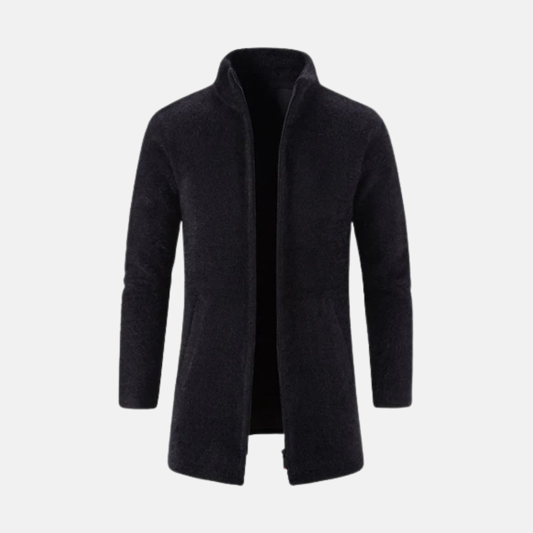 Men's Long Coat – Relaxed Fit – Stand-up Collar – Soft Brushed Fabric