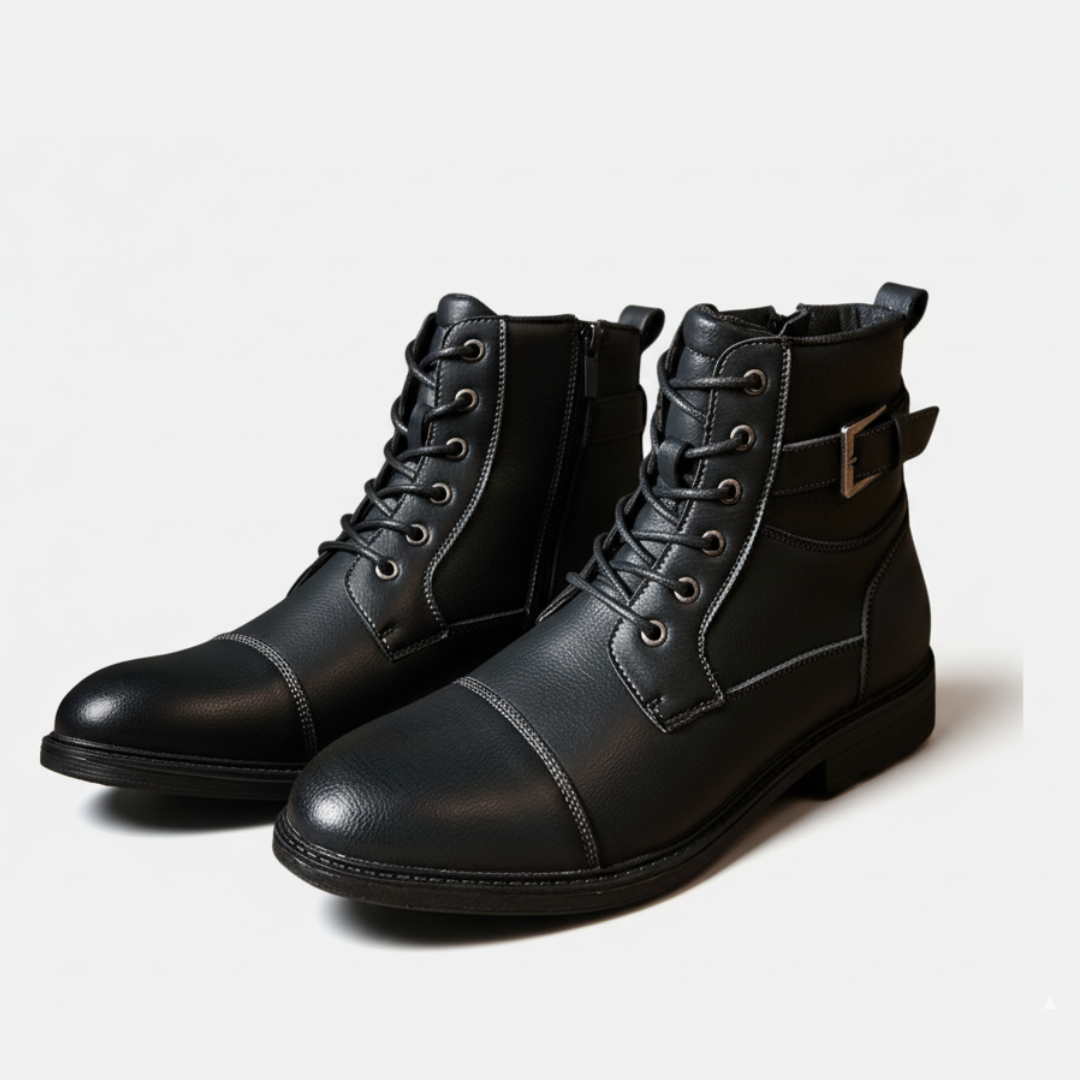 Men's Boots - Synthetic Leather - Ankle-High - Lace Closure With Zipper