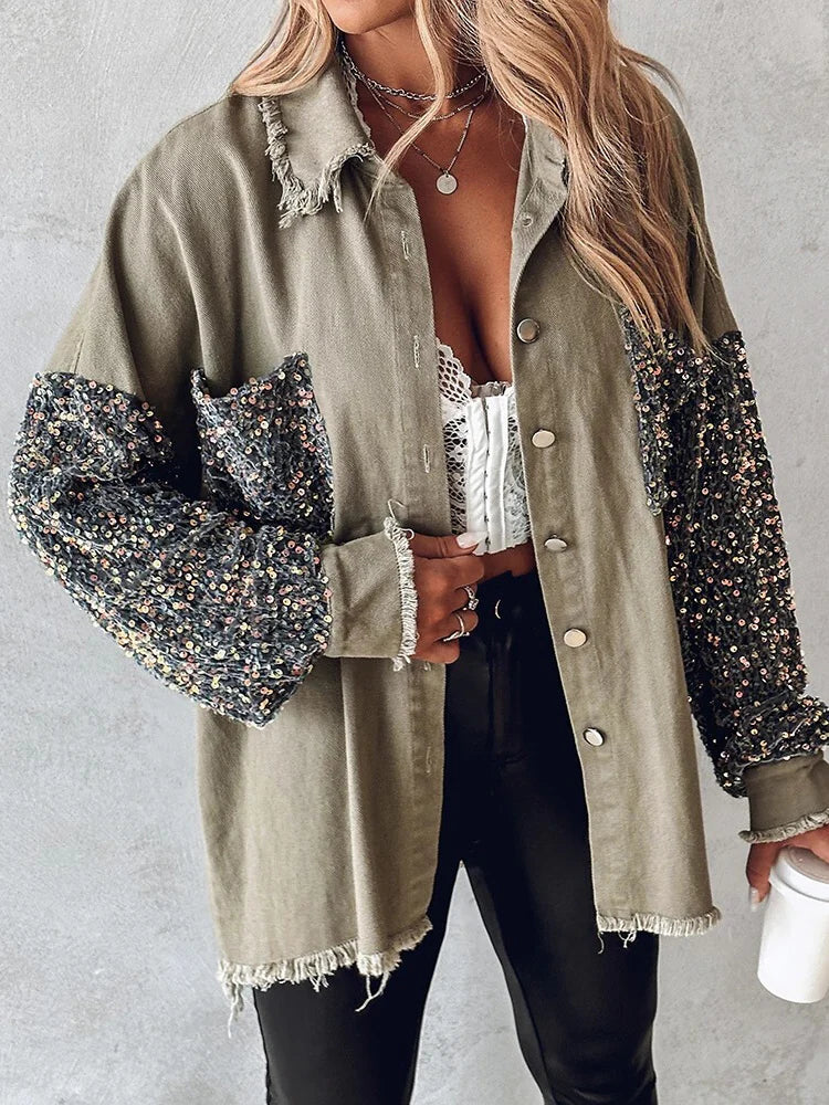 Stijlvolle Denim Jas met Contrasterende Pailletten Versiering