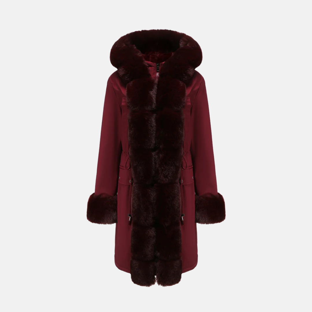 Women's Long Coat – Regular Fit – Faux Fur Collar and Cuffs – Zipper Pockets
