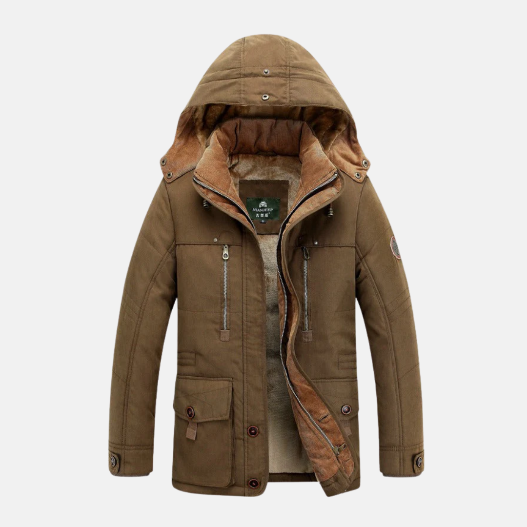 Men's Parka Jacket – Mid-Length – Padded and Insulated – Hood – Multiple Pockets