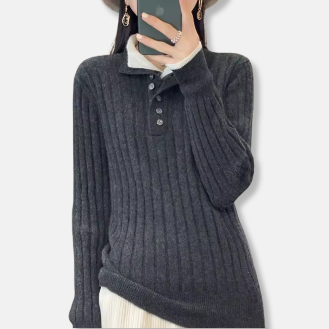 Women's sweater – Ribbed – Relaxed fit – Collar with buttons – Casual long model